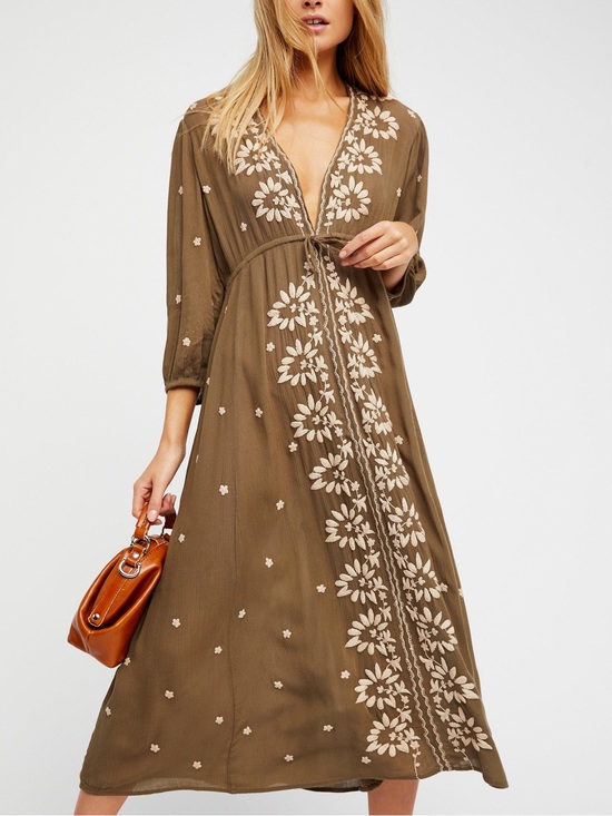 Free People Dresses & Skirts - FREE PEOPLE Embroidered Fable Midi Dress Olive Green Floral Boho Sleeve Casual